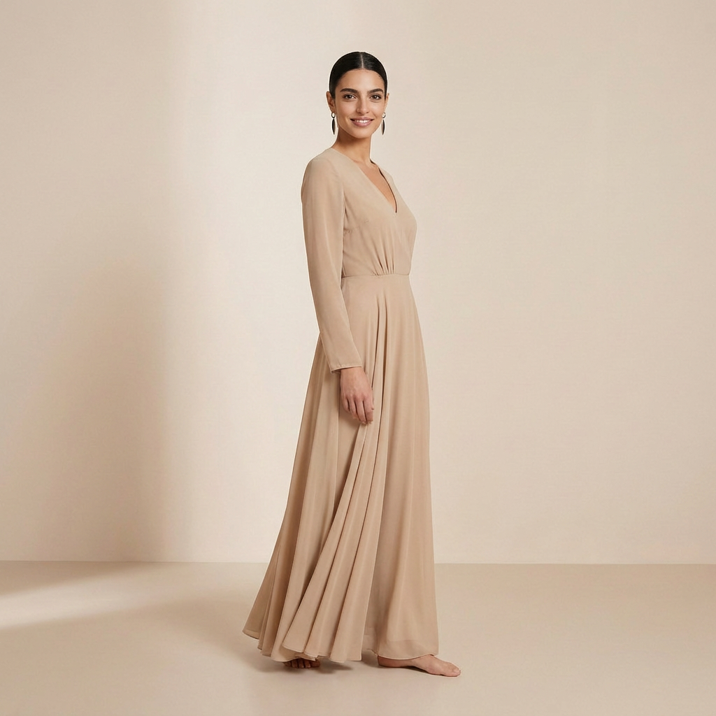 Timeless Champagne Long-Sleeved Maxi Gown - Elegant Wrap-Front Formal Dress
