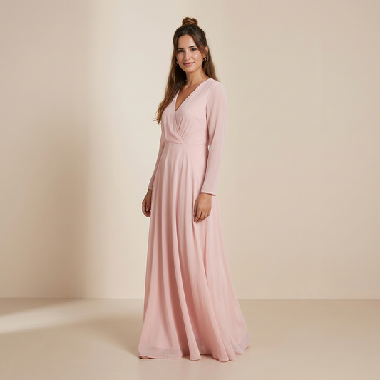Blush Rose Long-Sleeved Chiffon Maxi - Romantic Wrap-Front Formal Gown