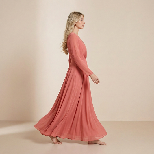 Autumnal Terracotta Long-Sleeved Maxi - Warm Earth-Tone Formal Gown