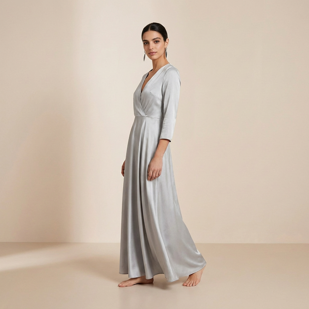 Shimmering Silver Satin Maxi Gown - Elegant Long-Sleeved Wrap Evening Dress