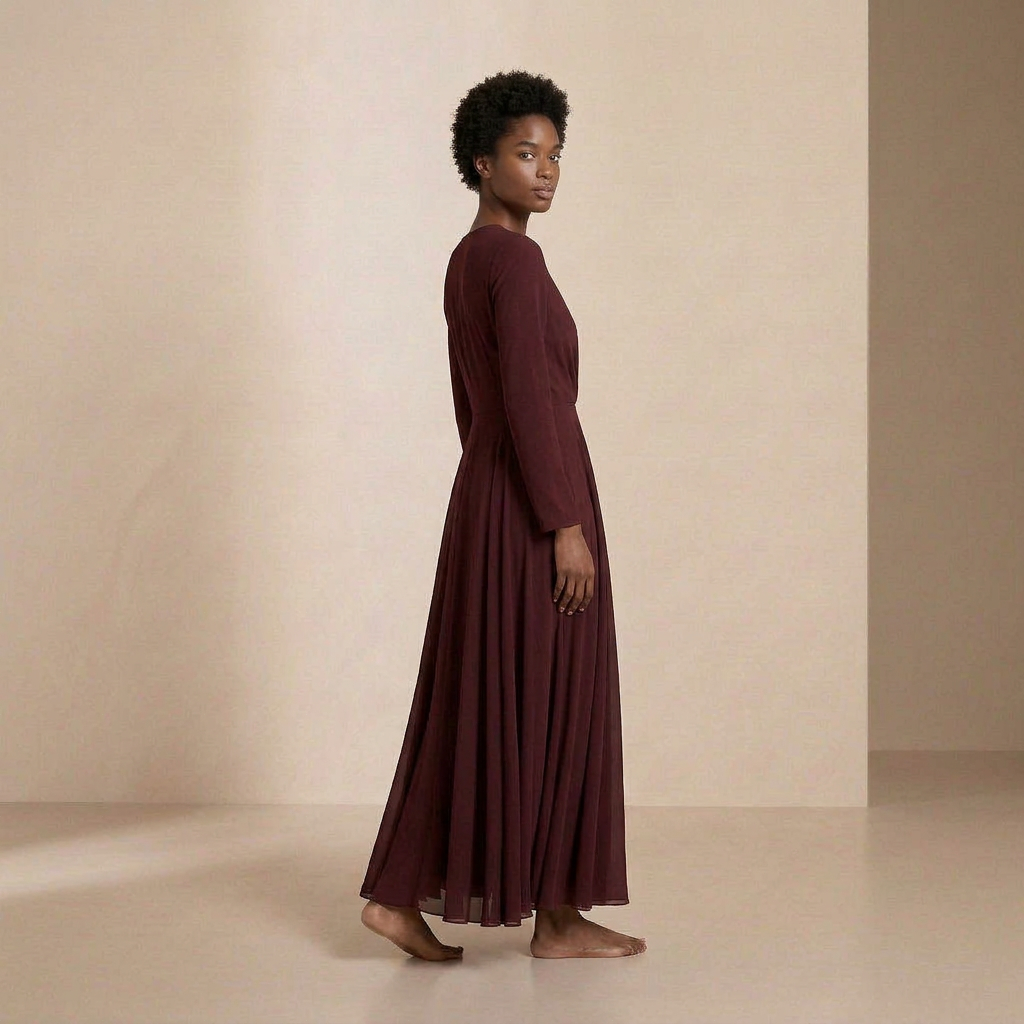 Midnight Burgundy Long-Sleeved Maxi Gown - Elegant Wrap-Front Evening Dress