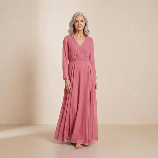 Sophisticated Dusty Rose Maxi Gown - Timeless Long-Sleeved Wrap Formal Dress