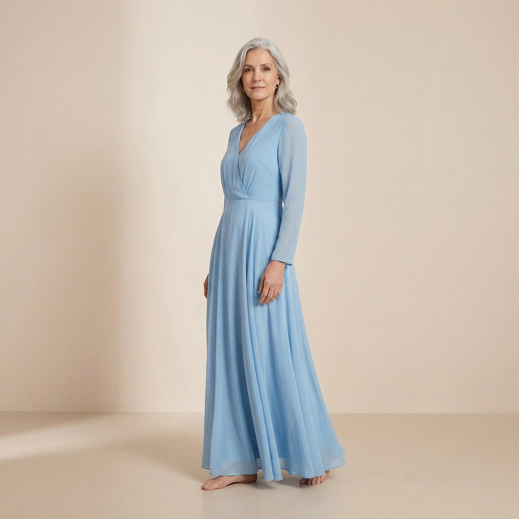 Serene Azure Long-Sleeved Maxi Gown - Elegant Wrap-Front Formal Dress