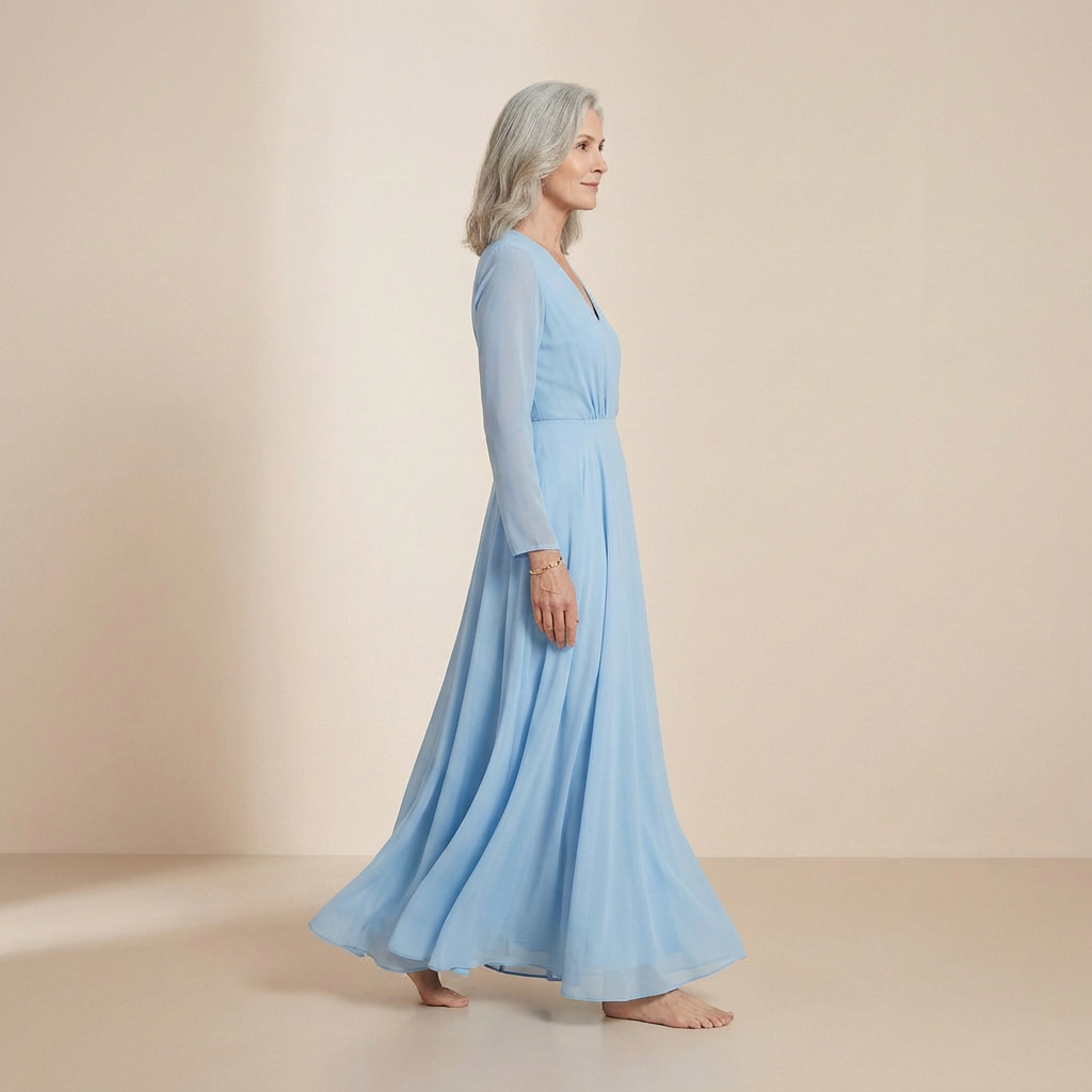 Serene Azure Long-Sleeved Maxi Gown - Elegant Wrap-Front Formal Dress