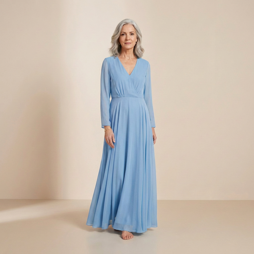 Serene Azure Long-Sleeved Maxi Gown - Elegant Wrap-Front Formal Dress