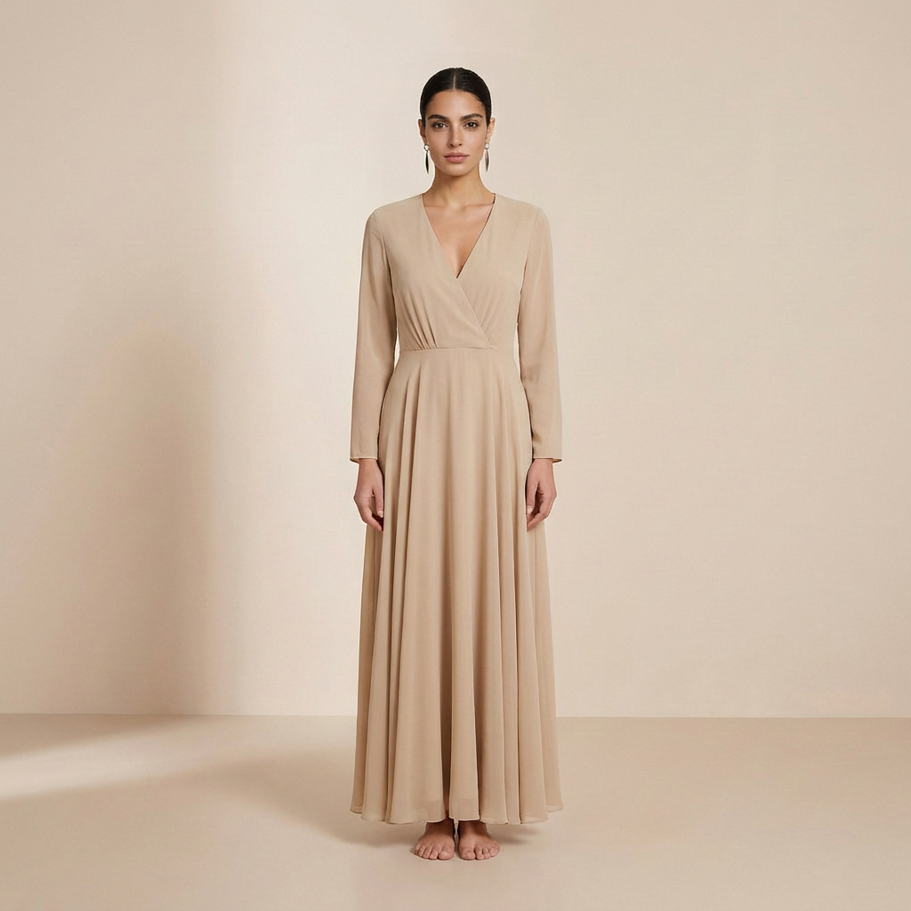 Timeless Champagne Long-Sleeved Maxi Gown - Elegant Wrap-Front Formal Dress