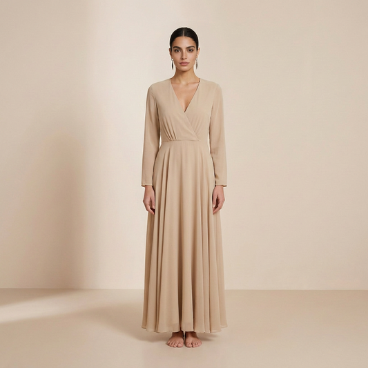 Timeless Champagne Long-Sleeved Maxi Gown - Elegant Wrap-Front Formal Dress