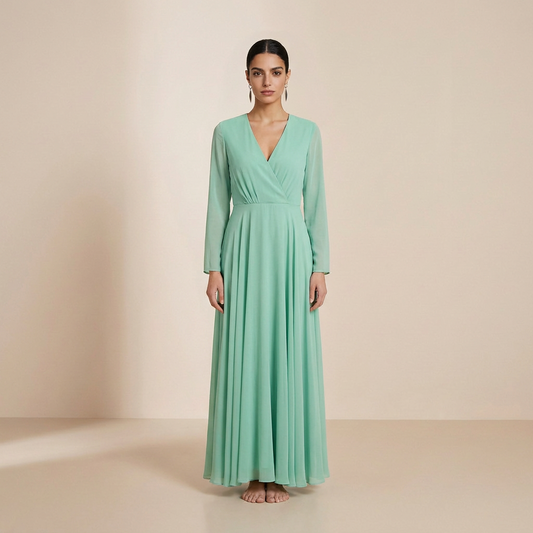 Fresh Mint Long-Sleeved Chiffon Maxi - Modest Pastel Formal Gown