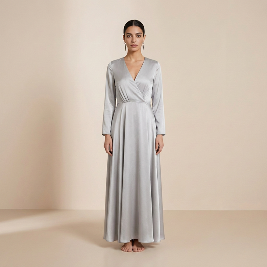 Shimmering Silver Satin Maxi Gown - Elegant Long-Sleeved Wrap Evening Dress