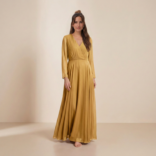 Radiant Golden Mustard Maxi Gown - Elegant Long-Sleeved Wrap Formal Dress