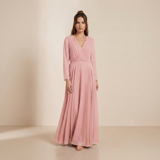 Blush Rose Long-Sleeved Chiffon Maxi - Romantic Wrap-Front Formal Gown