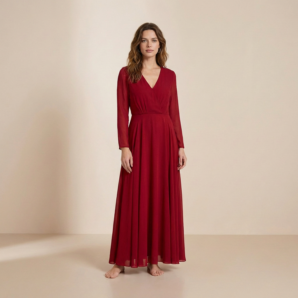 Deep Burgundy Long-Sleeved Maxi Gown - Sophisticated Wrap-Front Formal Dress
