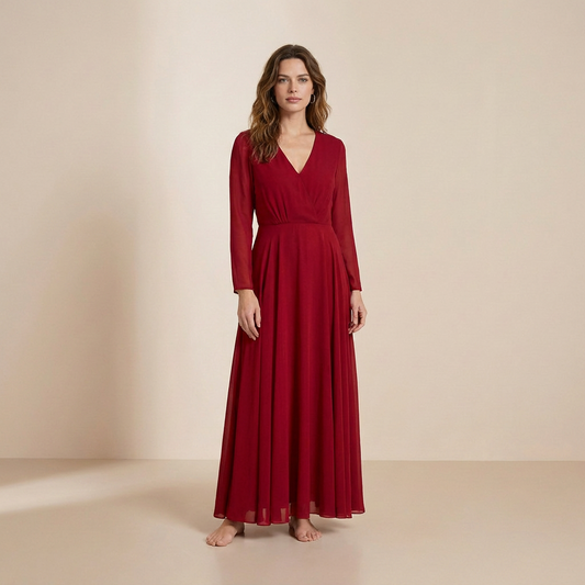 Deep Burgundy Long-Sleeved Maxi Gown - Sophisticated Wrap-Front Formal Dress