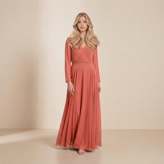 Autumnal Terracotta Long-Sleeved Maxi - Warm Earth-Tone Formal Gown
