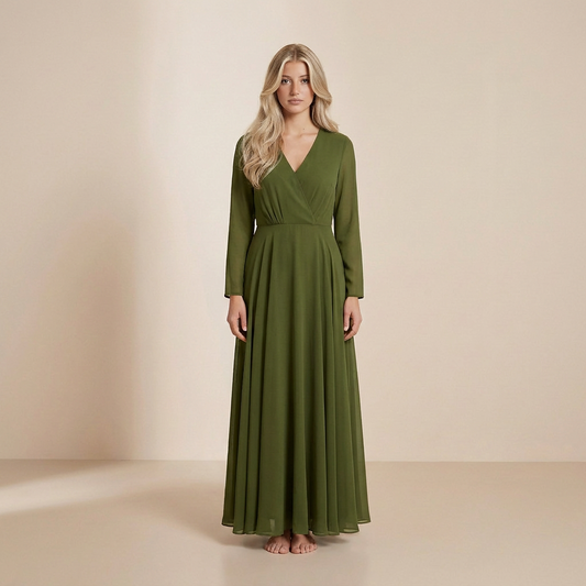 Earthly Olive Long-Sleeved Maxi - Modest Flowy Evening Gown