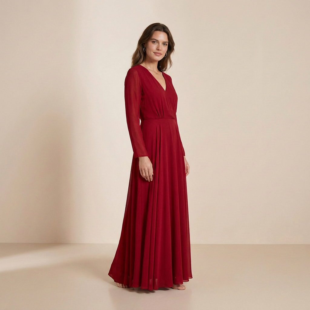 Deep Burgundy Long-Sleeved Maxi Gown - Sophisticated Wrap-Front Formal Dress