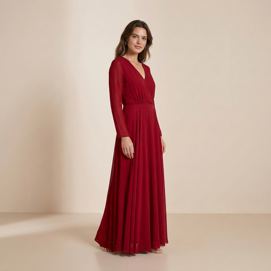 Deep Burgundy Long-Sleeved Maxi Gown - Sophisticated Wrap-Front Formal Dress
