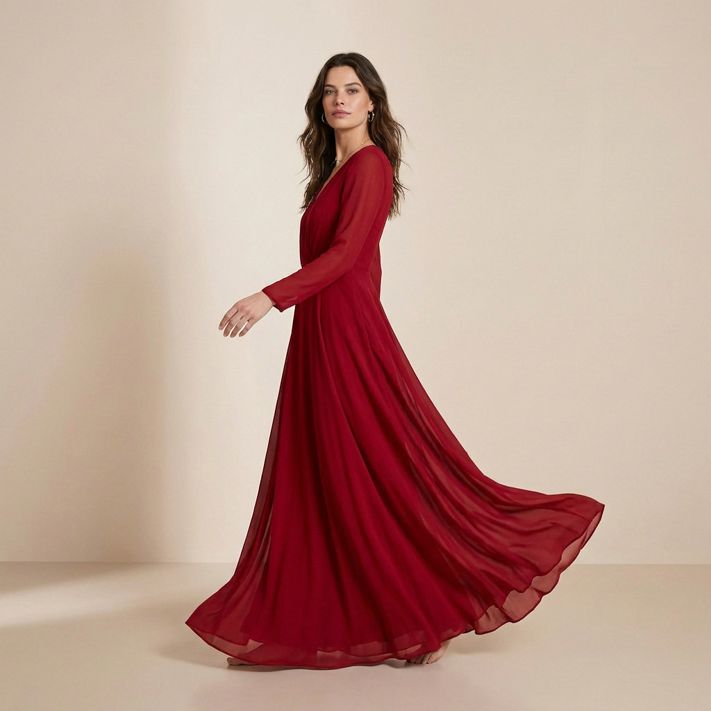 Deep Burgundy Long-Sleeved Maxi Gown - Sophisticated Wrap-Front Formal Dress
