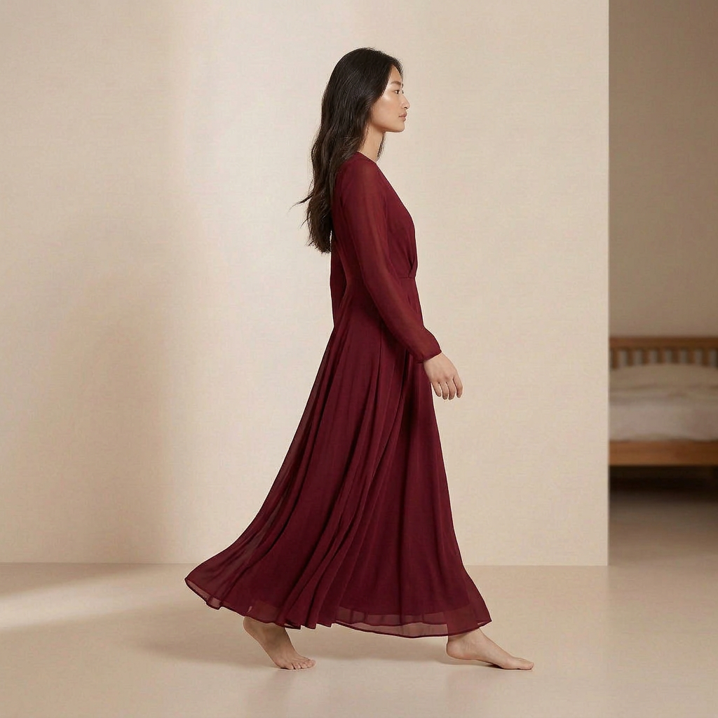 Elegant Wine Red Chiffon Maxi - Sophisticated Long-Sleeved Evening Gown