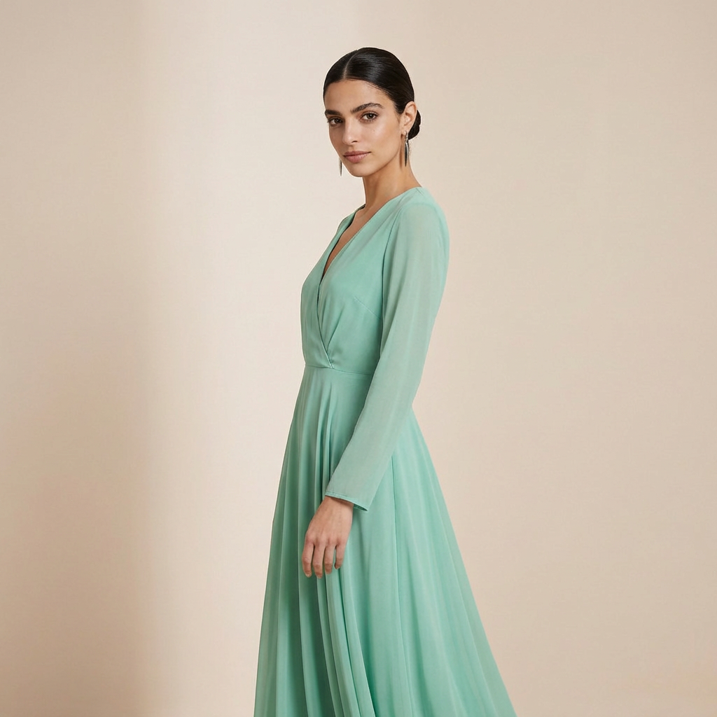 Fresh Mint Long-Sleeved Chiffon Maxi - Modest Pastel Formal Gown