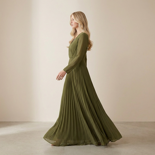 Earthly Olive Long-Sleeved Maxi - Modest Flowy Evening Gown