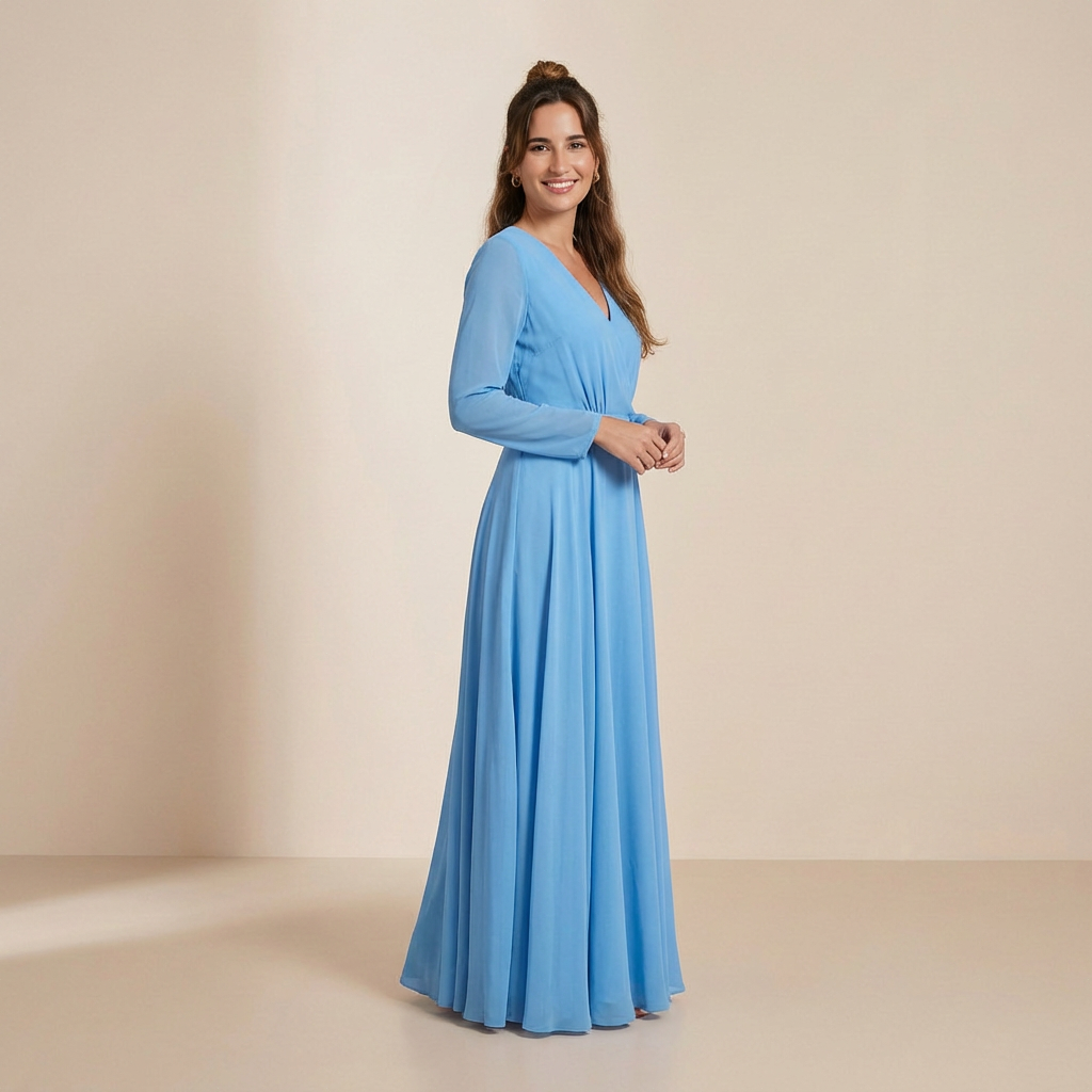 Heavenly Sky Blue Long-Sleeved Maxi Gown - Dreamy Wrap-Front Chiffon Dress