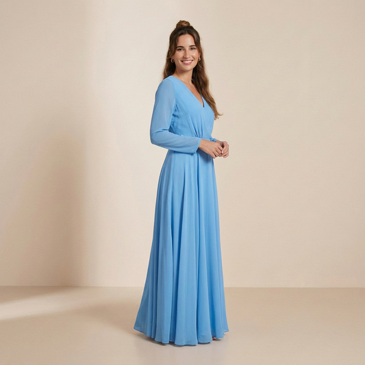 Heavenly Sky Blue Long-Sleeved Maxi Gown - Dreamy Wrap-Front Chiffon Dress