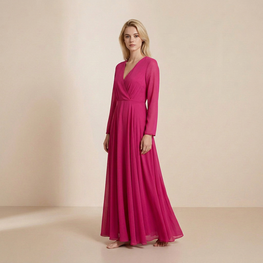 Vibrant Fuchsia Long-Sleeved Maxi - Bold Wrap-Front Evening Gown