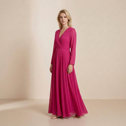 Vibrant Fuchsia Long-Sleeved Maxi - Bold Wrap-Front Evening Gown