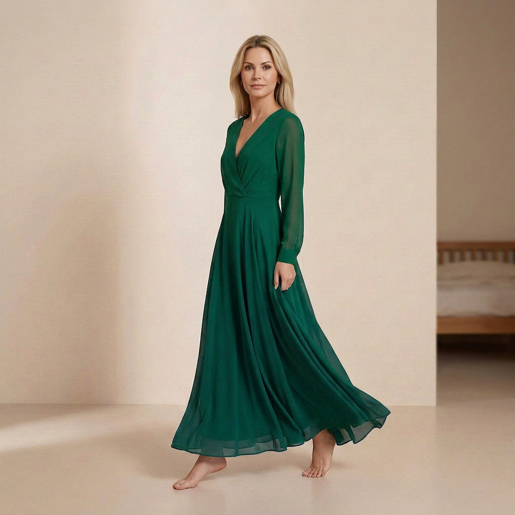 Majestic Emerald Long-Sleeved Gown - Regal Wrap-Front Chiffon Formal Dress
