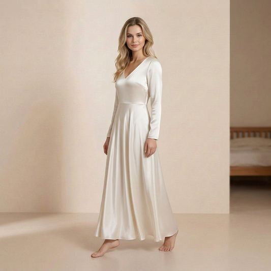 Luminous Ivory Satin Maxi Gown - Elegant Long-Sleeved V-Neck Evening Dress