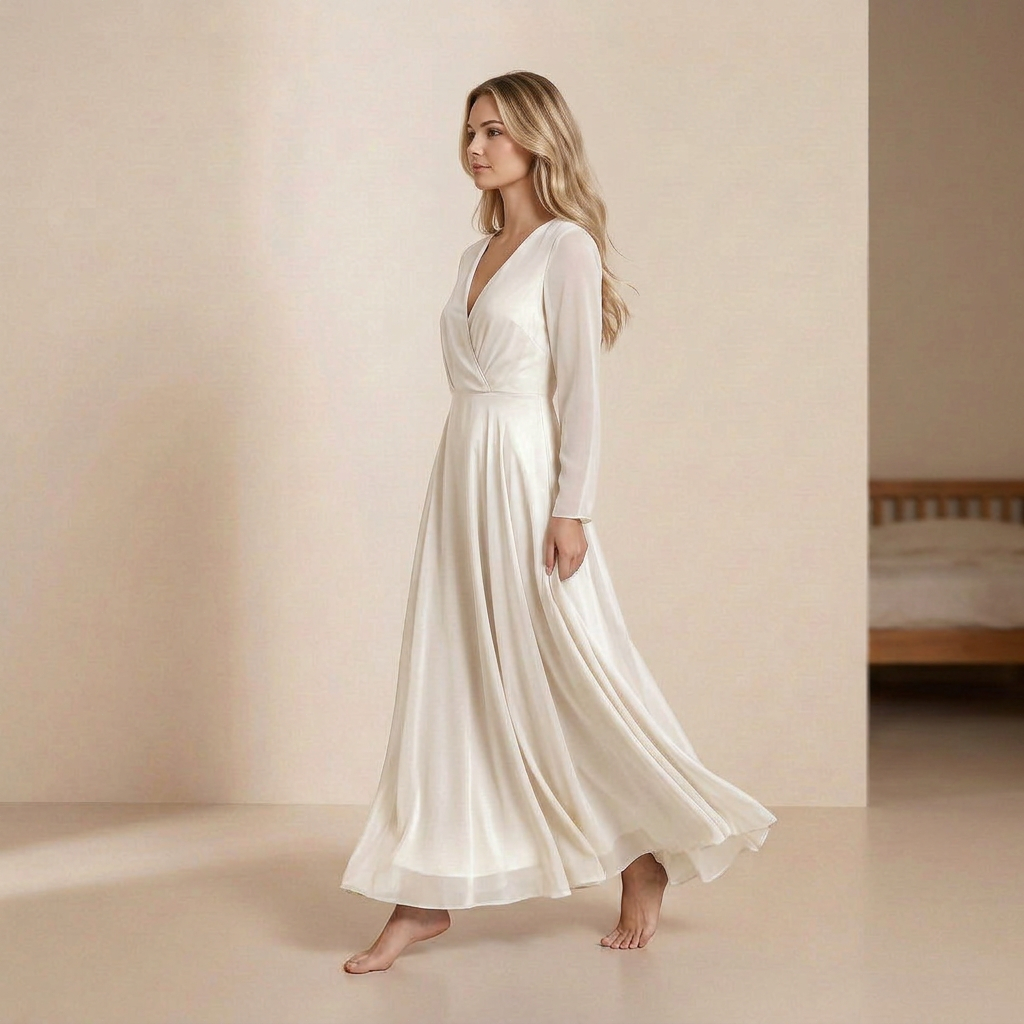 Luminous Ivory Satin Maxi Gown - Elegant Long-Sleeved V-Neck Evening Dress
