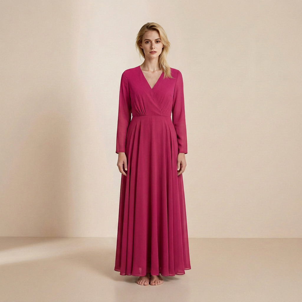 Vibrant Fuchsia Long-Sleeved Maxi - Bold Wrap-Front Evening Gown