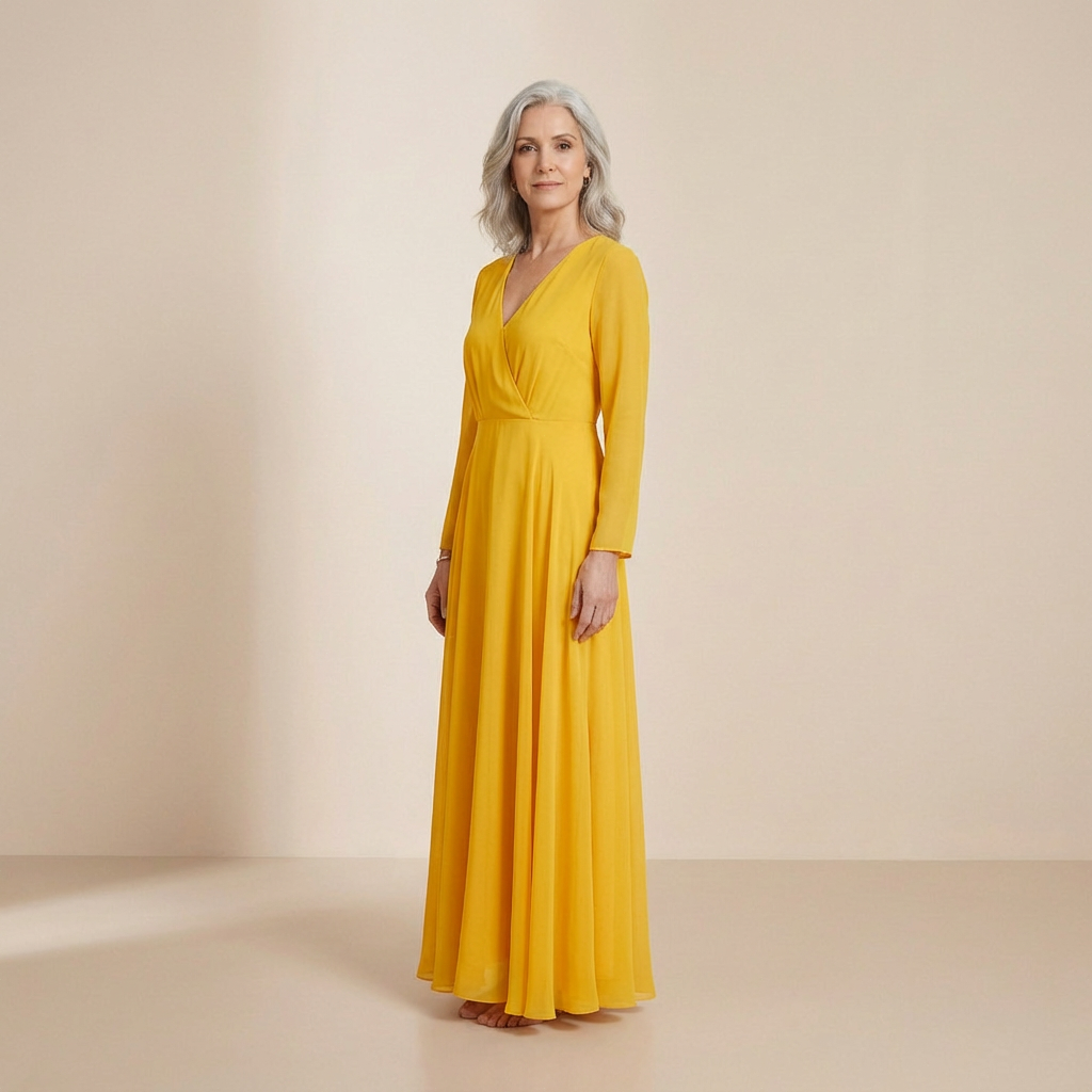 Golden Ochre Long-Sleeved Maxi Gown - Sophisticated Wrap-Front Formal Dress