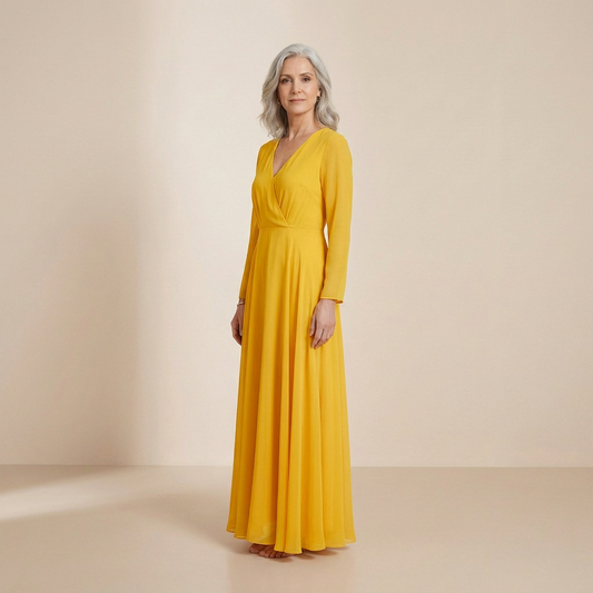 Golden Ochre Long-Sleeved Maxi Gown - Sophisticated Wrap-Front Formal Dress