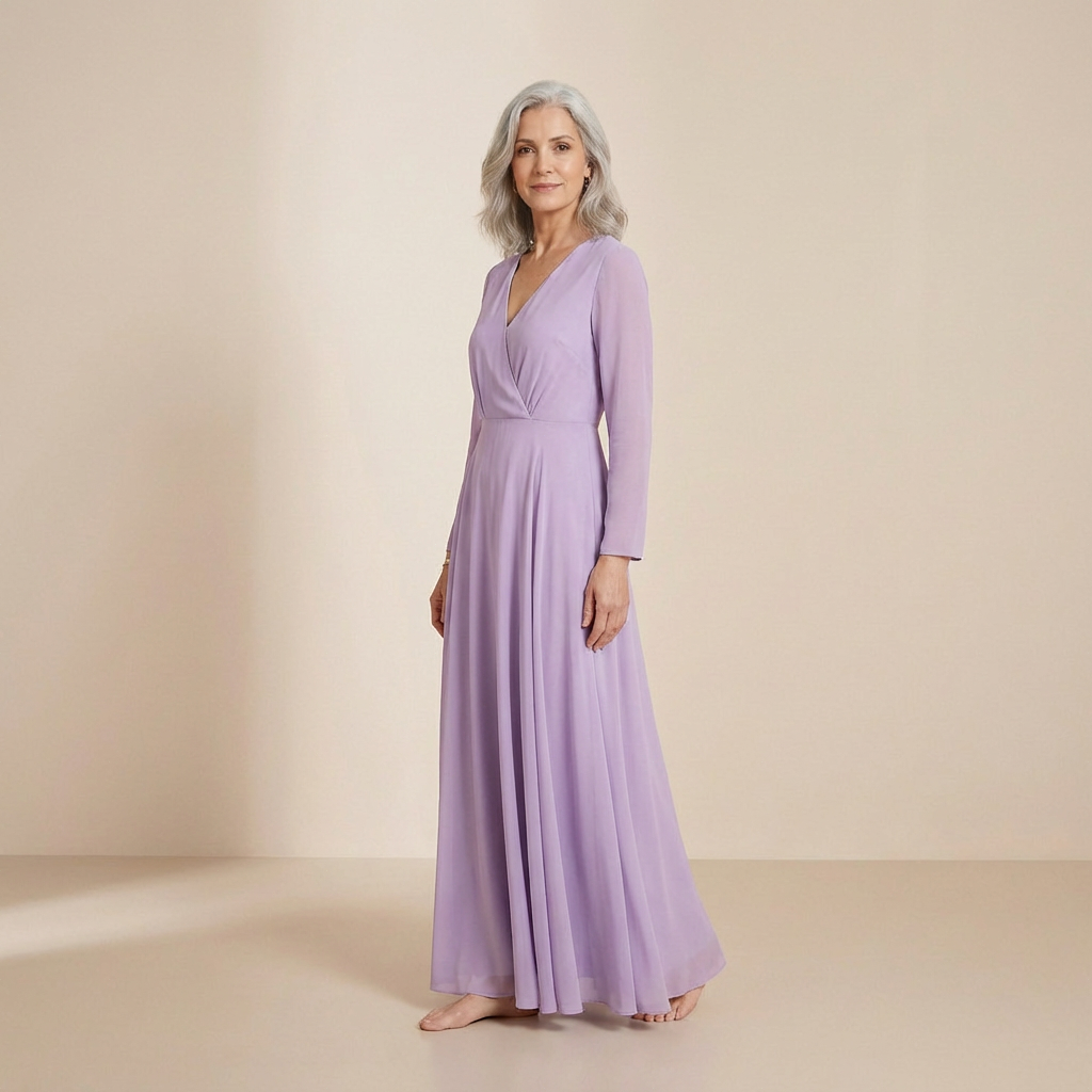 Ethereal Lavender Wrap-Front Maxi Gown - Sophisticated Long-Sleeved Chiffon Dress