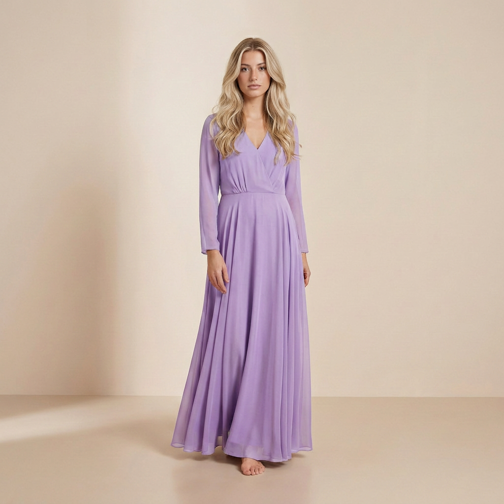 Lavender Mist Long-Sleeved Maxi Gown - Elegant Wrap-Front Chiffon Formal Dress