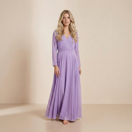 Lavender Mist Long-Sleeved Maxi Gown - Elegant Wrap-Front Chiffon Formal Dress