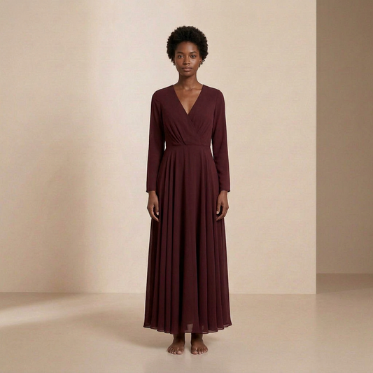 Midnight Burgundy Long-Sleeved Maxi Gown - Elegant Wrap-Front Evening Dress